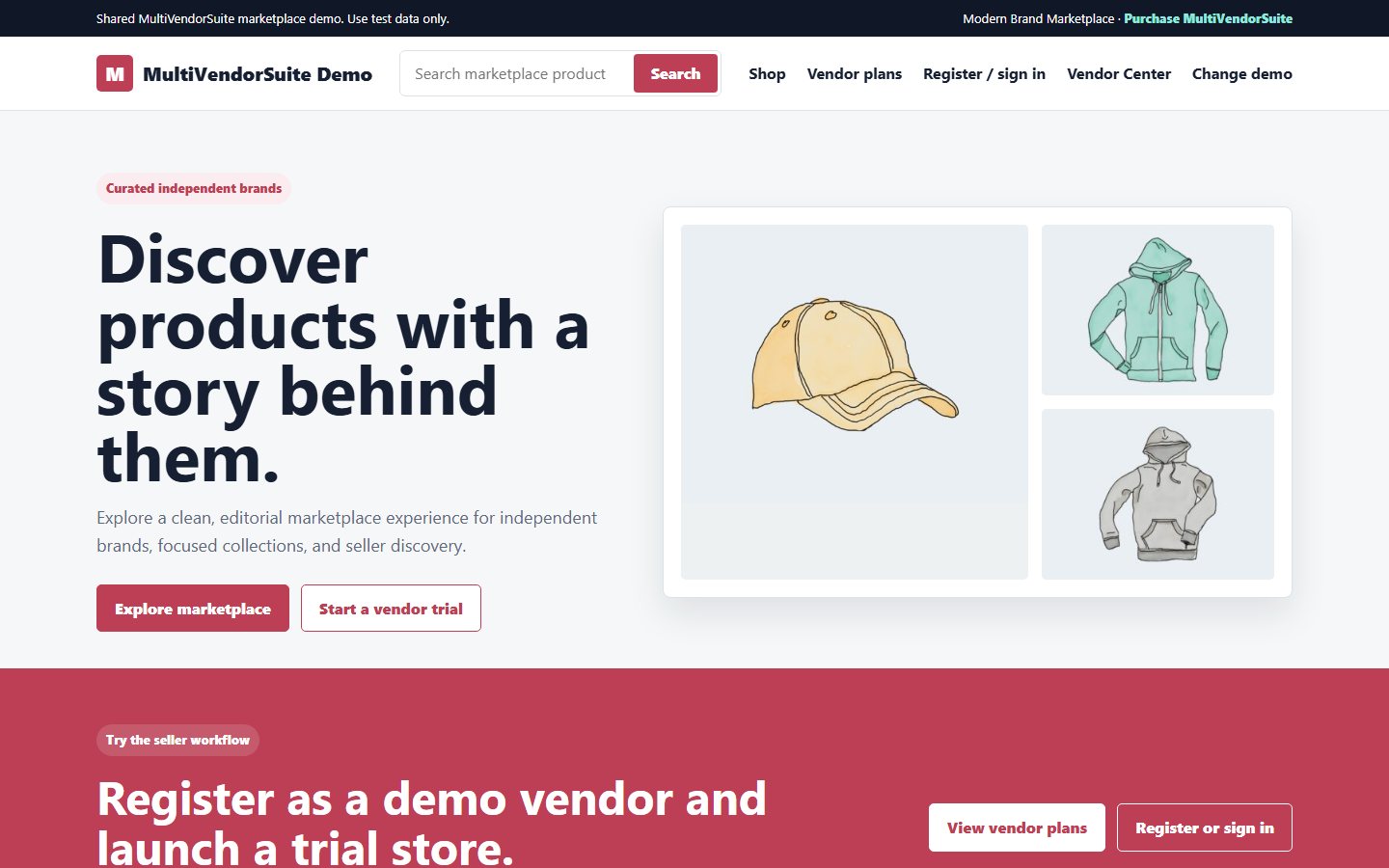 MultiVendorSuite shared multivendor marketplace storefront demo.