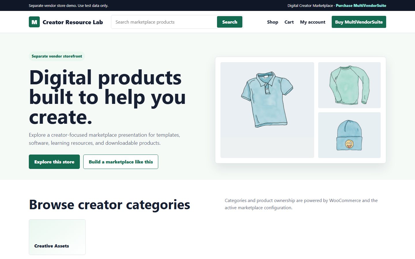 Creator Resource Lab separate WooCommerce vendor storefront demo.