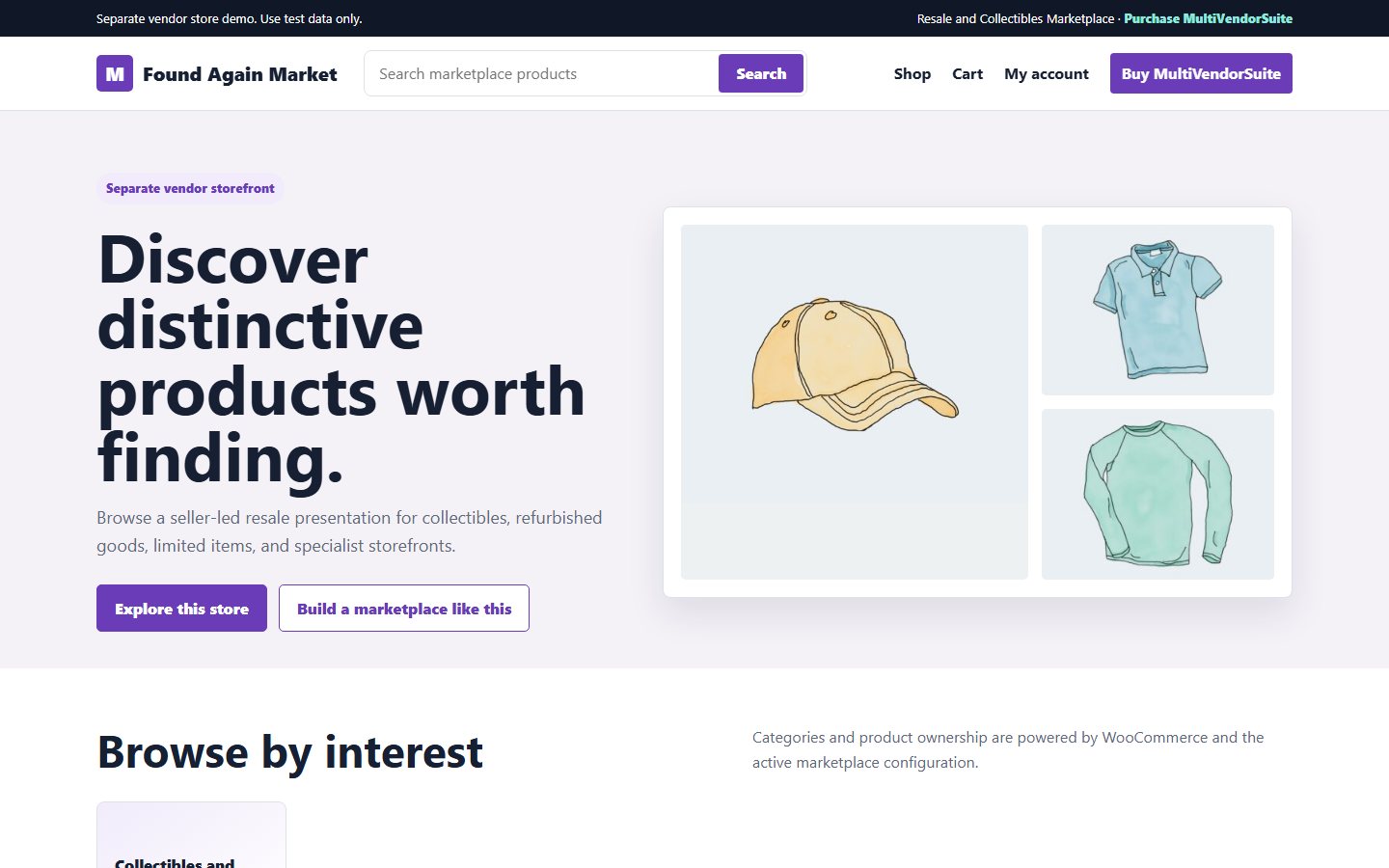 Found Again Market separate WooCommerce vendor storefront demo.