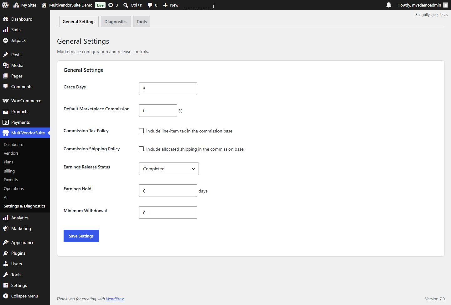 MultiVendorSuite marketplace settings screenshot.