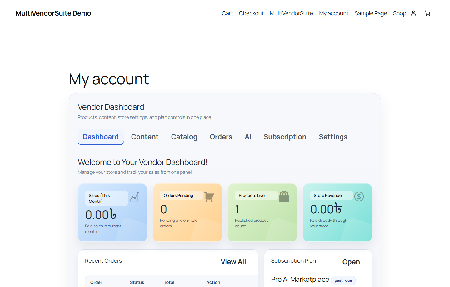 MultiVendorSuite frontend vendor dashboard screenshot.