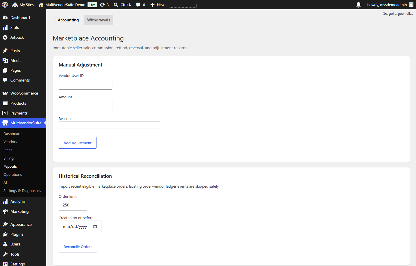 MultiVendorSuite marketplace accounting screenshot showing vendor sales and commission tracking.