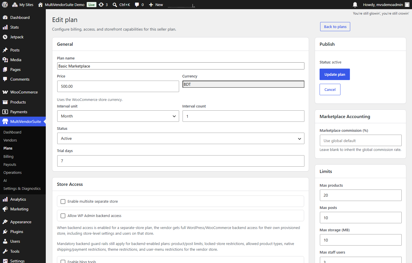 MultiVendorSuite plan details screenshot showing billing, access, commission, and limits.