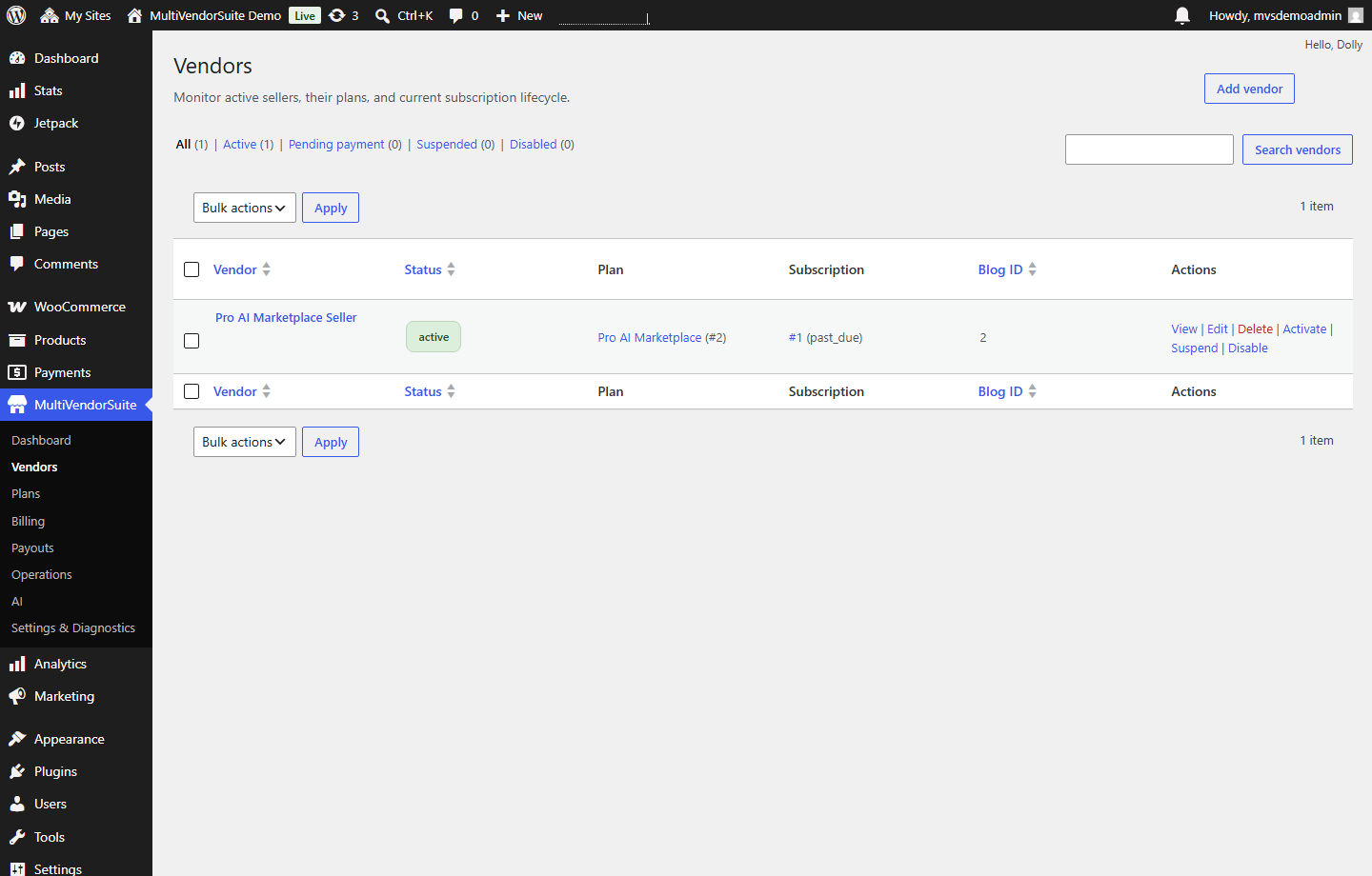 MultiVendorSuite admin vendor list screenshot.