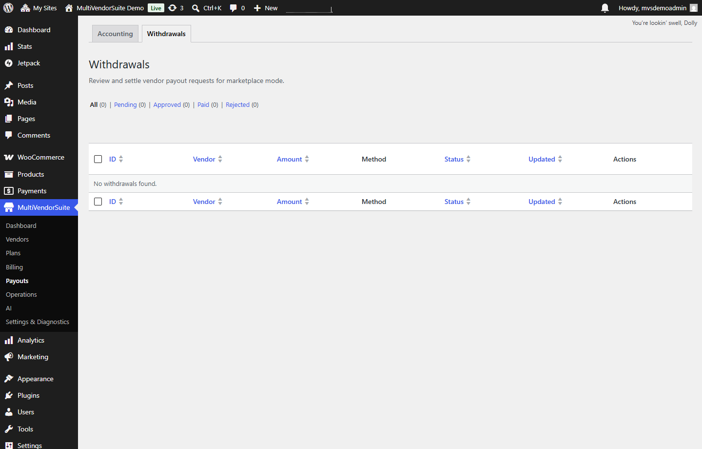 MultiVendorSuite withdrawals screenshot.